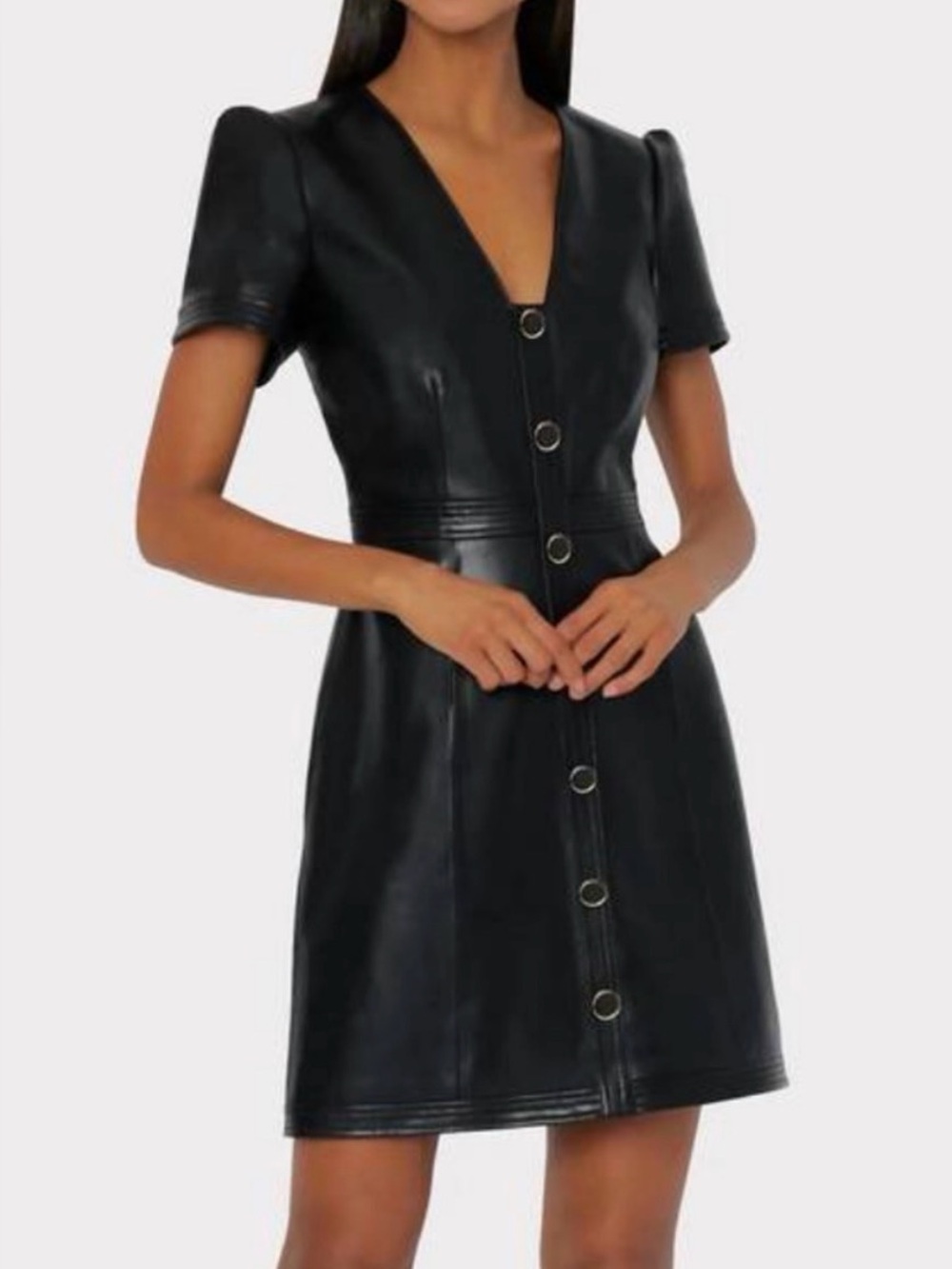 MILLY Isabelle Vegan Leather Button Mini Dress Black Size 6